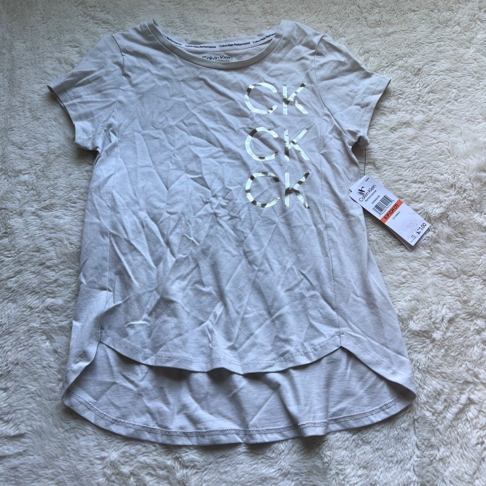 Calvin Klein Performance Girls‎ S 7 Nimbus Gray Metallic Logo High Low T-Shirt